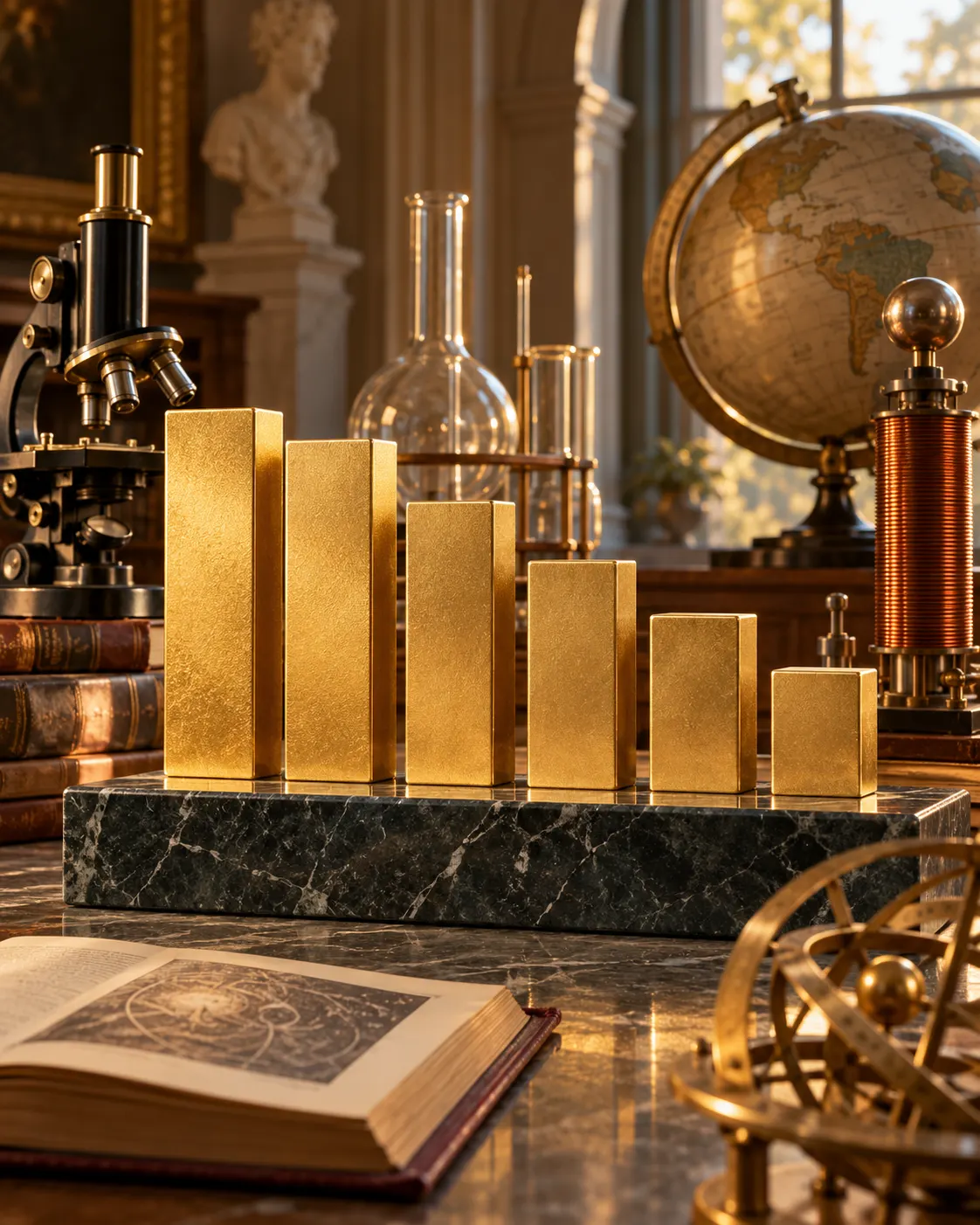 AI-generated cover: six unlabeled bars, with the first slightly taller than the second, among scientific objects. Generated 19 October 2026. Prompt: “Photorealistic vertical 4:5 editorial cover for a fact about which Nobel Prize category has the most laureate entries. Show a clean, elegant museum-like display with six unlabeled gold bars of different heights, the first bar just slightly taller than the second, plus subtle scientific objects such as a microscope, glassware, a physics coil, a book and a globe. Sophisticated warm lighting, visually clear comparison, no letters, numbers, logos, or recognizable Nobel medal.”