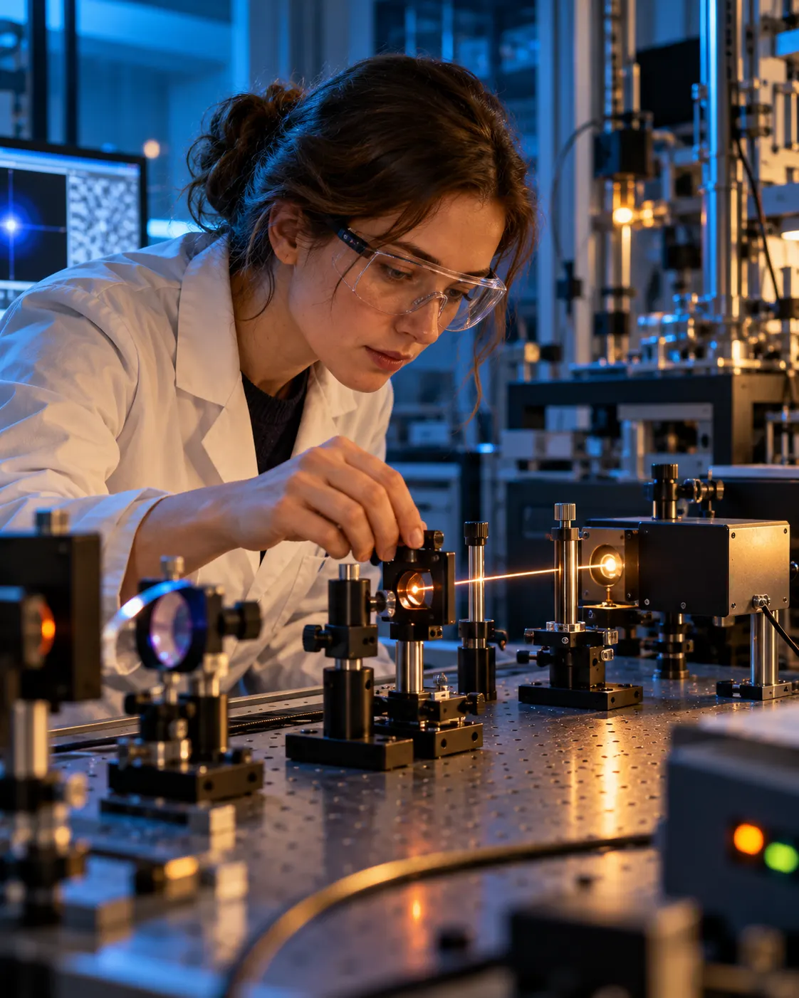 AI-generated illustration of a physicist adjusting an optical experiment. Generated 19 October 2026. Prompt: “Photorealistic vertical 4:5 editorial image of a physics research laboratory with a scientist adjusting a small optical experiment and precision instruments on a table, blue and warm ambient light, cinematic but plausible, no readable text, no logos. Generic illustrative image, not a specific real laboratory.”