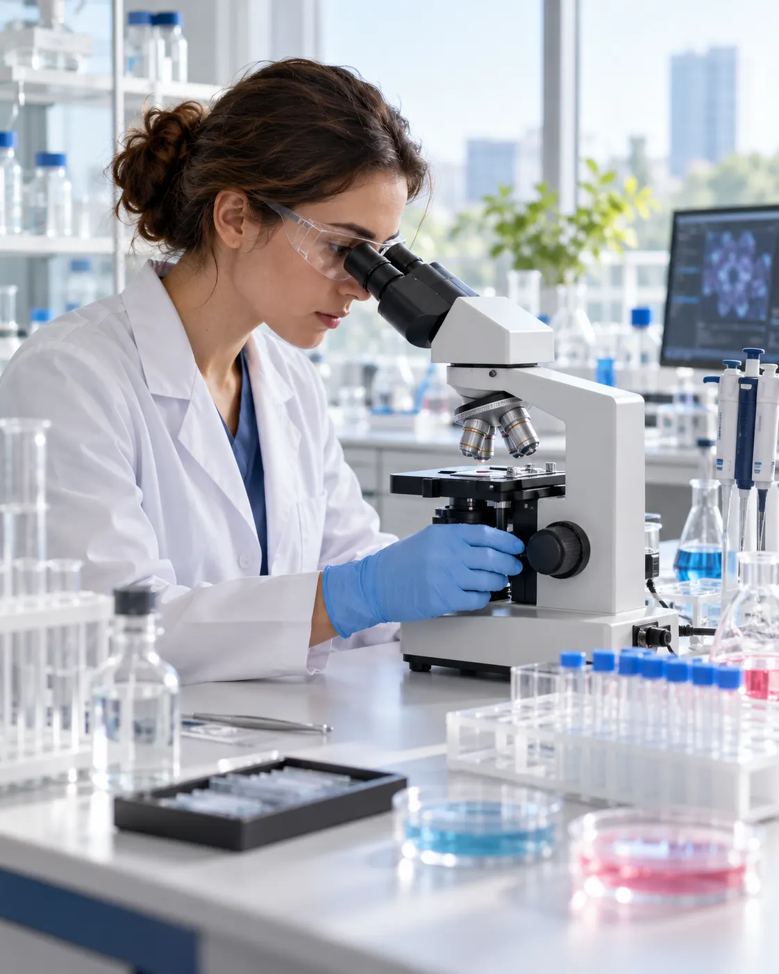 AI-generated illustration of a researcher using a microscope in a modern physiology and medicine lab. Generated 19 October 2026. Prompt: “Photorealistic vertical 4:5 editorial scene of a modern physiology and medicine research laboratory: scientist examining a microscope slide, orderly glassware and medical research instruments, calm bright natural light, no patient, no readable text, no logos. General illustrative image, not a specific real lab.”