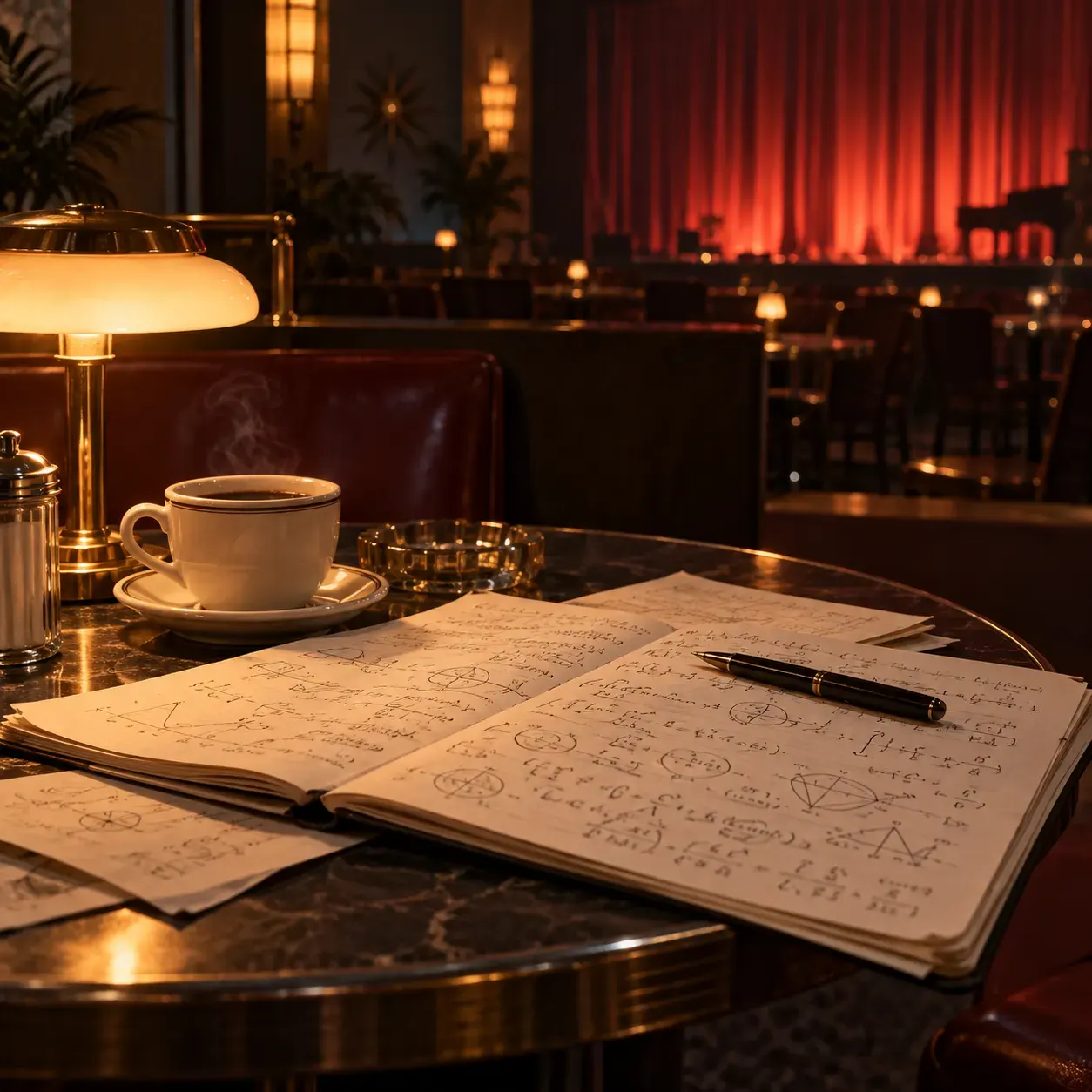 AI-generated symbolic scene of a notebook and coffee in a lounge setting. It contains no depiction of Feynman or real dancers and is not documentary evidence. Creator: OpenAI image generation. No external media or reuse license applies.