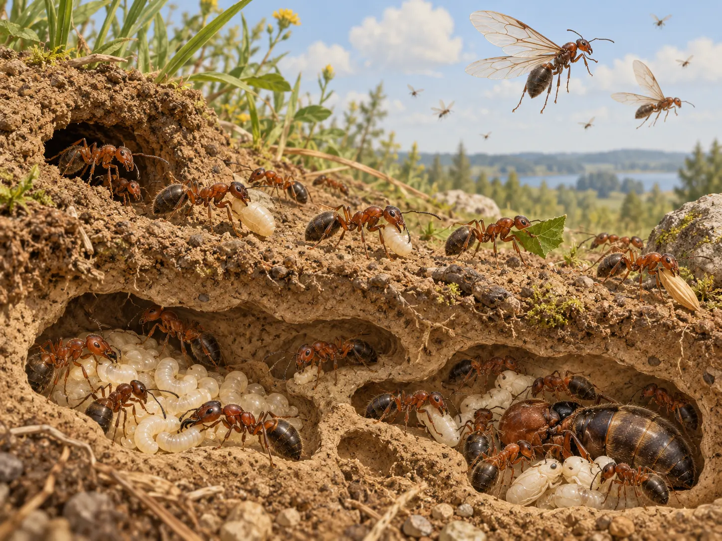 original AI-generated editorial illustration of workers at a nest and winged reproductives. Generated for this package on 2026-10-13. No external creator, URL, or third-party license applies; the project may reuse it. It is symbolic, not a photograph of a specific colony. Both language versions disclose AI creation.