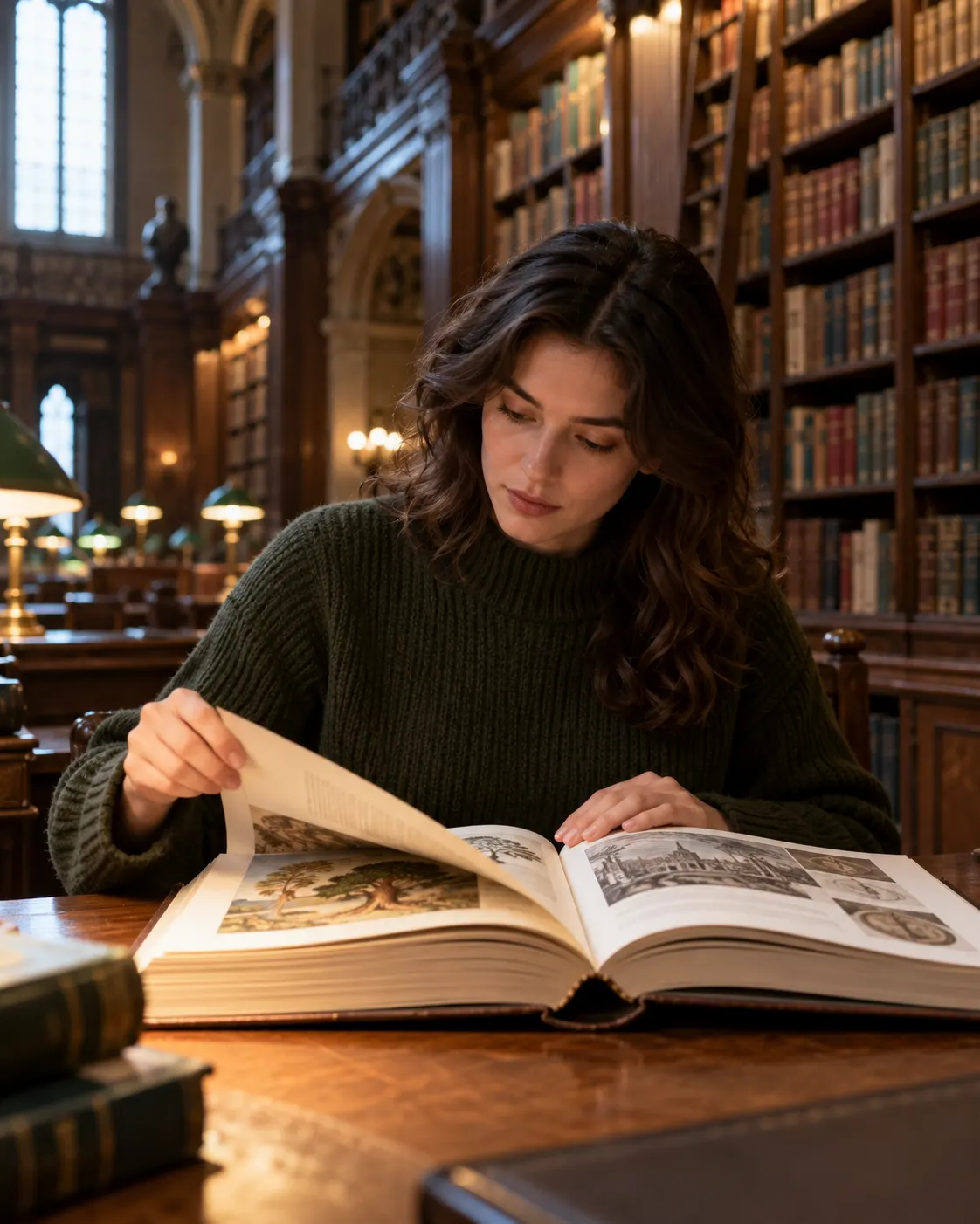 AI-generated generic reader studying an illustrated reference book in a library; the book is not a Guinness publication. Prompt: “Photorealistic vertical 4:5 editorial image of a reader in a quiet historic library turning pages of a large generic illustrated reference book, with tall bookshelves softly blurred behind. The book is not a Guinness publication and has no readable title or logos. Warm focused study atmosphere, no other identifiable people.” Generated 20 October 2026.