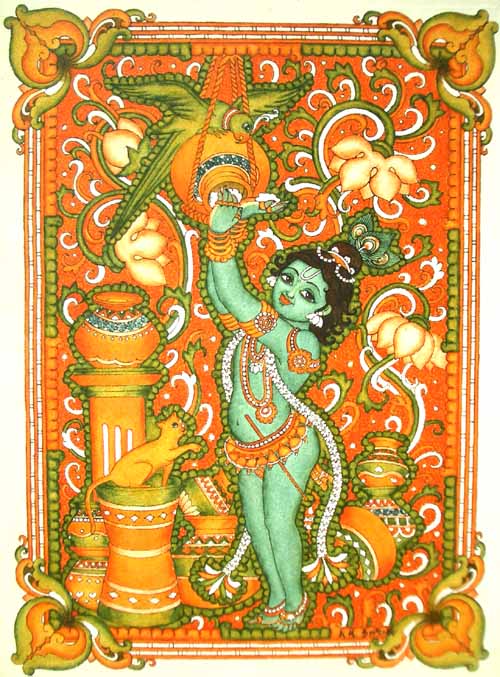 a Krishna scene from a photographer's collection of Kerala mural paintings; included as a regional style example, with no specific temple or date asserted.
