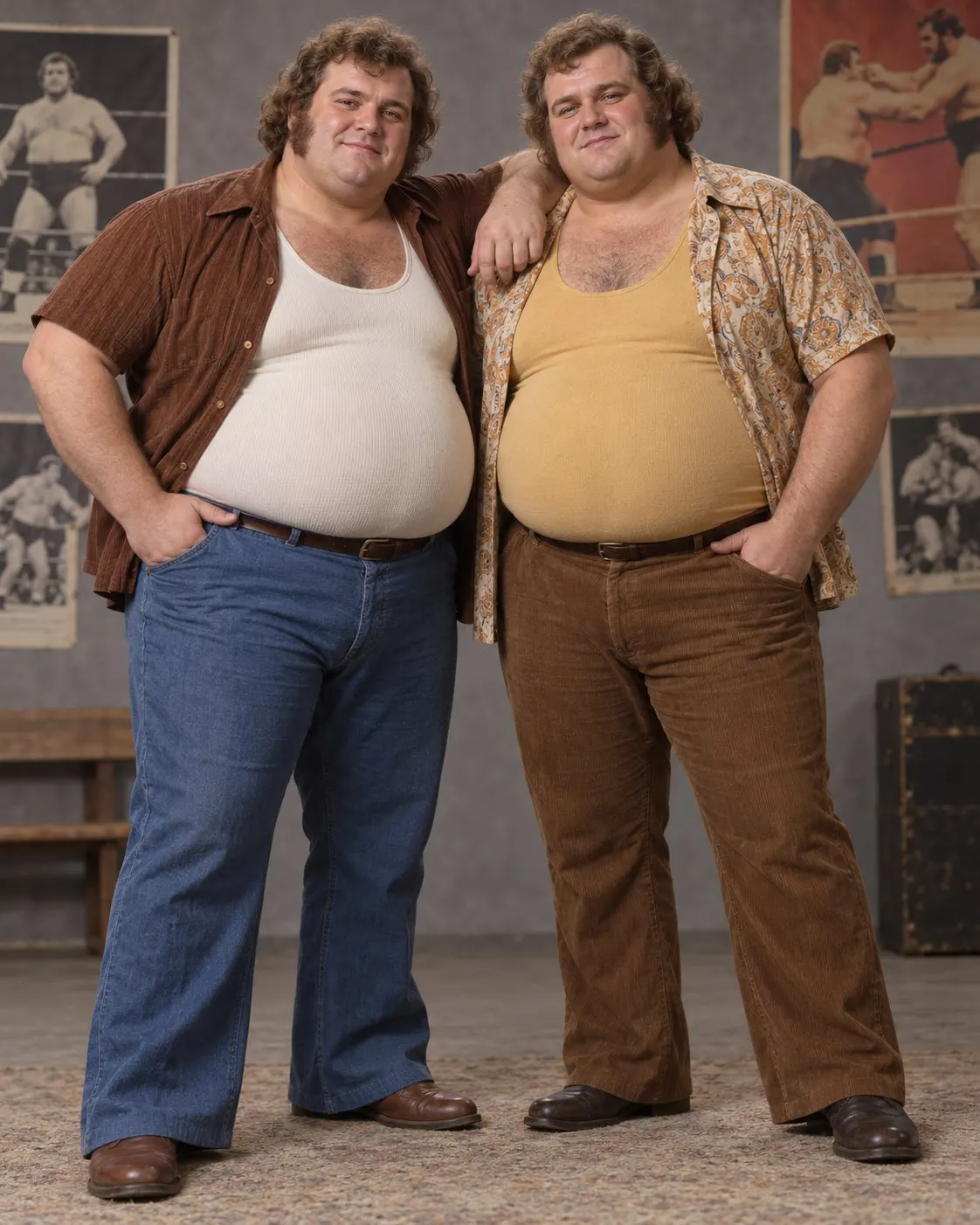 AI-generated cover: a respectful portrait of fictional adult plus-size twin brothers; not Billy or Benny McCrary and not a weigh-in. Prompt: “Photorealistic vertical 4:5 editorial portrait of two fictional adult plus-size twin brothers standing side by side in simple 1970s casual clothing, friendly relaxed expressions, respectful natural full-body framing in a neutral studio, subtle vintage wrestling posters blurred in background. They are generic fictional people, not Billy or Benny McCrary; dignified portrait with no mockery, no weigh-in or spectacle. No text, logos or numbers.” Generated 20 October 2026.