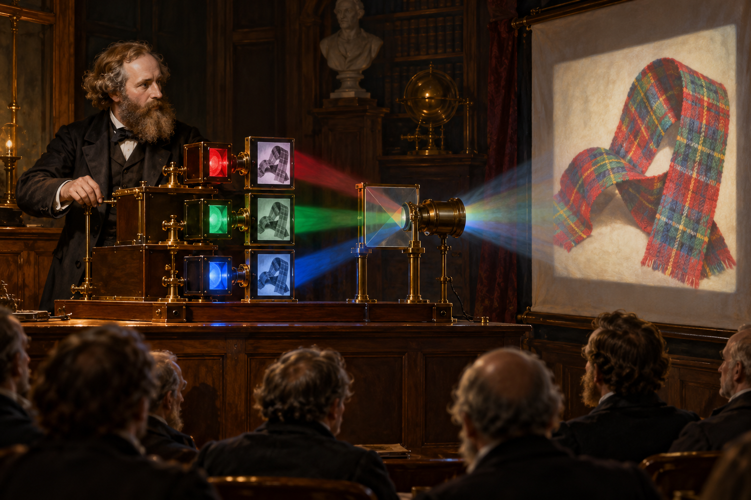 AI-generated reconstruction of Maxwell's three-filter projection demonstration.