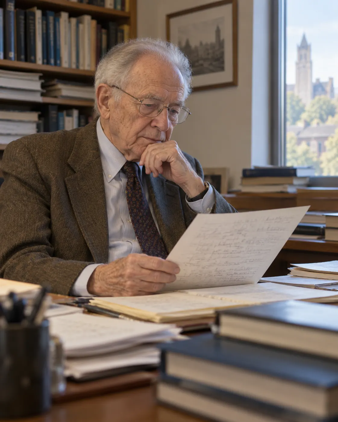 AI-generated fictional reconstruction of an elderly economist reviewing notes around 2007, not Leonid Hurwicz or a documented event. Generated 19 October 2026. Prompt: “Photorealistic historical editorial reconstruction, vertical 4:5: an elderly economist in his late 80s reviewing handwritten notes in a university office around 2007, dignified thoughtful posture, soft window light. Generic fictional person, not Leonid Hurwicz and not a documented event. No readable text, no logos, no awards.”