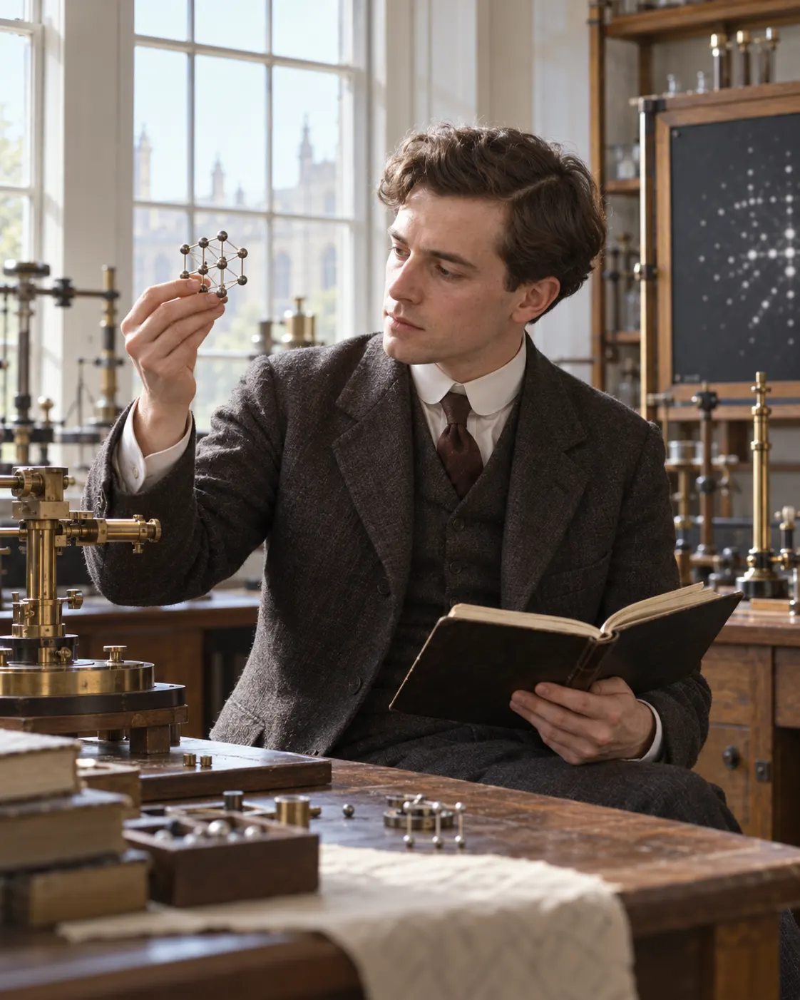 AI-generated fictional historical reconstruction of a young physicist studying a crystal model, not William Lawrence Bragg or a documented event. Generated 19 October 2026. Prompt: “Photorealistic historical editorial reconstruction, vertical 4:5: a young physicist in an early 20th-century laboratory examining a small crystal model and notebook, period-appropriate clothing, bright window light. Generic fictional scientist, not William Lawrence Bragg and not a documented event. No readable text, no logos, no awards.”