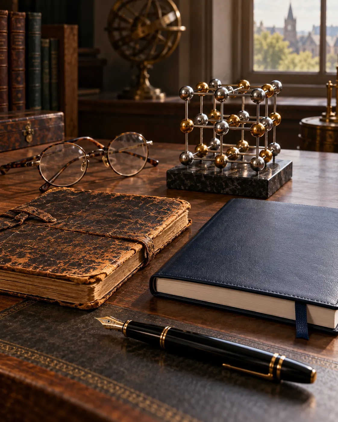 AI-generated cover: reading glasses, notebooks and a crystal lattice model suggest two generations of scientific work. Generated 19 October 2026. Prompt: “Photorealistic vertical 4:5 editorial cover about historical Nobel laureate age records in 2013, when the oldest was 90 and the youngest 25. Still life only: old reading glasses, a simple crystal lattice model, two notebooks of different ages and a fountain pen on a desk. No people, no faces, no busts, no statues, no portraits, no numbers or readable text, no logos or awards.”