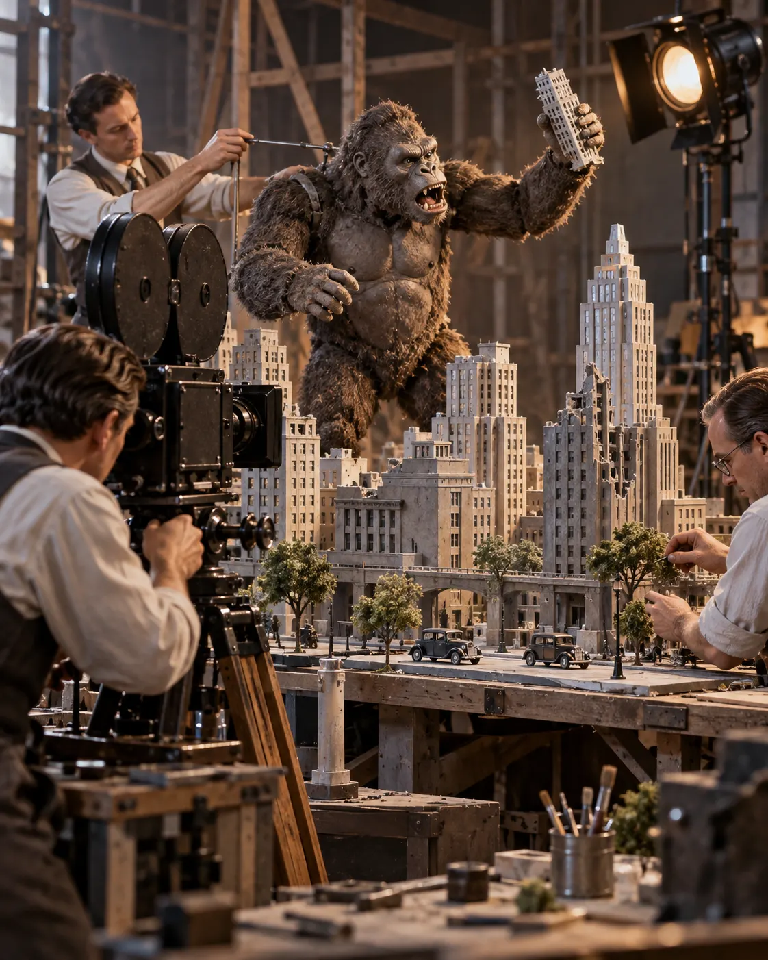 AI-generated symbolic depiction of early stop-motion miniature filmmaking, not a replica of the exact King Kong model or a documented production photograph.