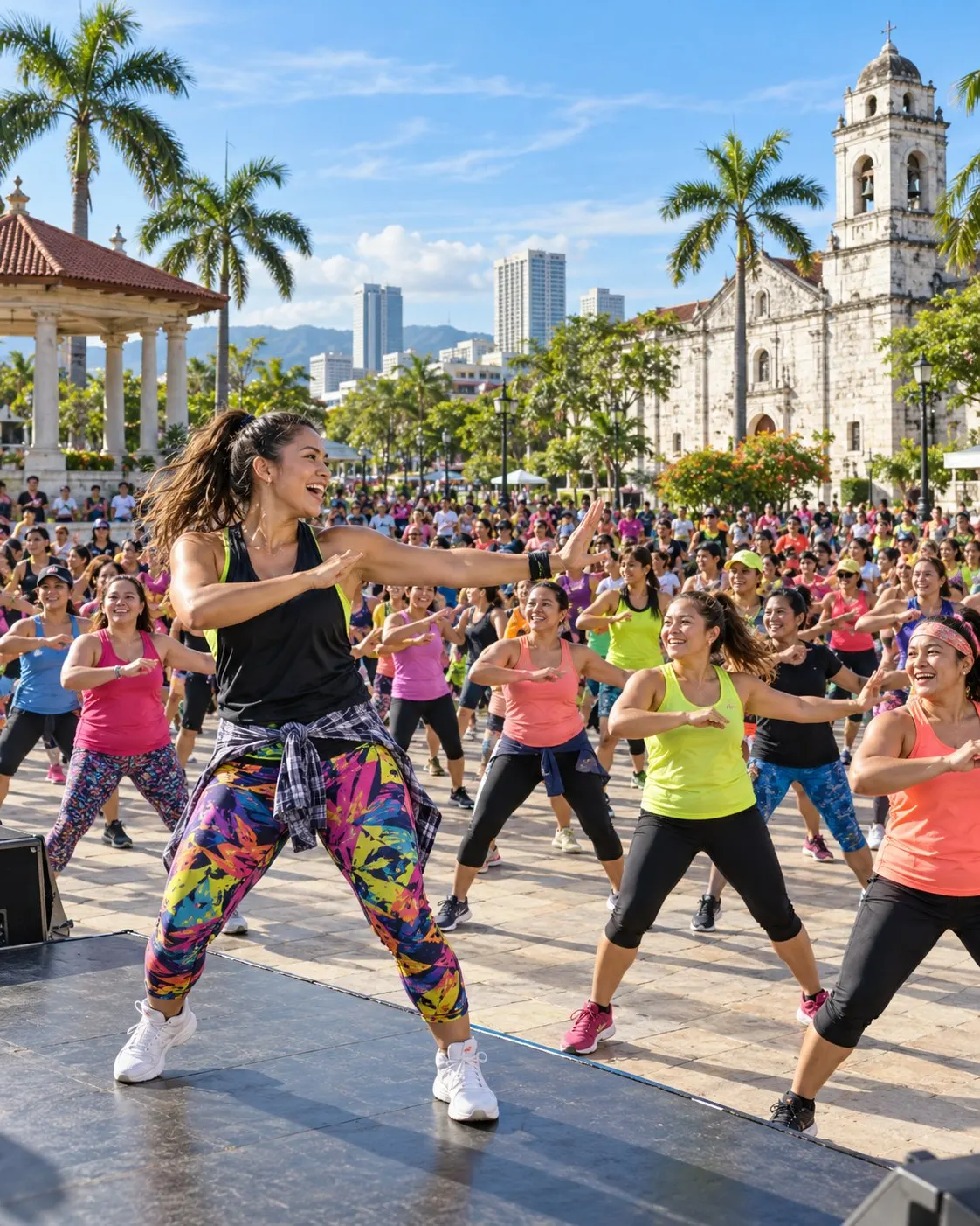 AI-generated cover of a fictional large outdoor Zumba class in Cebu-like surroundings; not the 2014 record event and no exact participant count implied. Prompt: “Photorealistic vertical 4:5 editorial cover of a large outdoor Zumba class in a sunny public plaza in Cebu, Philippines, many fictional adult participants following a charismatic instructor in colorful fitness clothes, lively synchronized dance, wide view, tropical city context, energetic documentary photography. Generic class, not the 2014 Guinness record event and no exact participant count implied. No brand logos, readable signs, text or numbers.” Generated 20 October 2026.