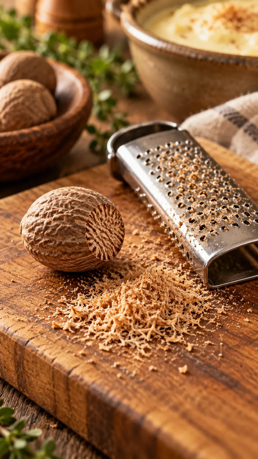 AI-generated culinary illustration of whole nutmeg and a small pinch; not a toxicity dose. Origin: OpenAI image generation, 2026-10-25.