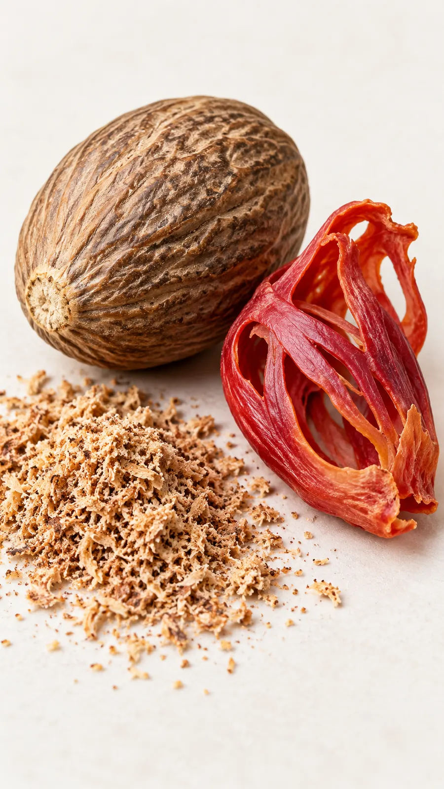 AI-generated botanical spice illustration of nutmeg and mace. Origin: OpenAI image generation, 2026-10-25.