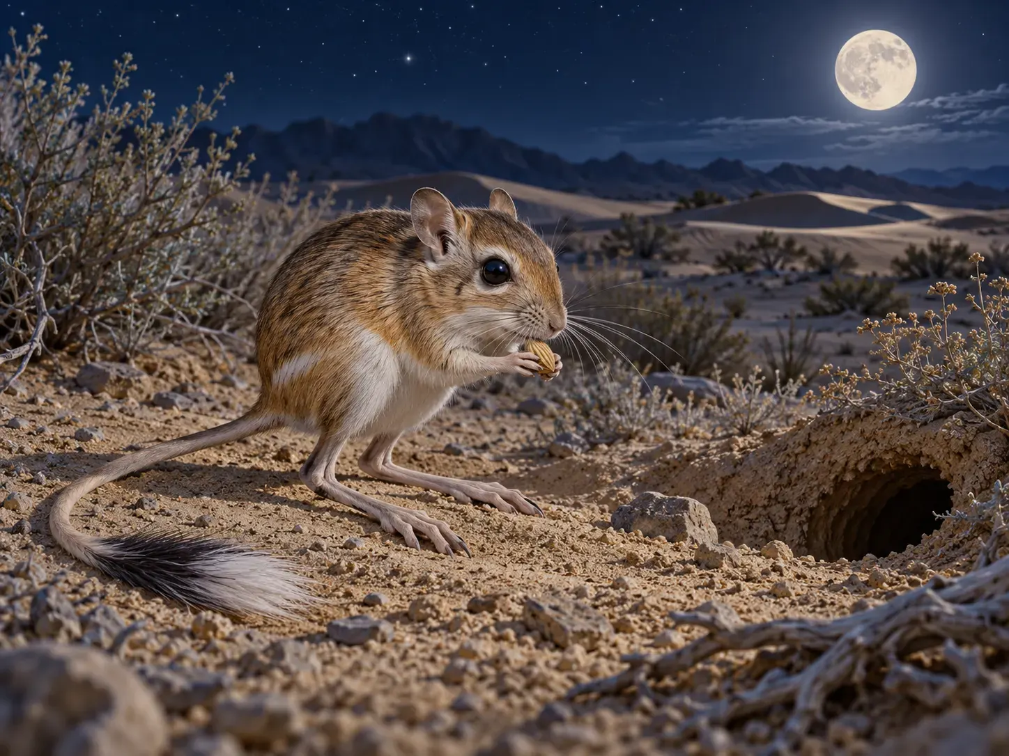 original AI-generated editorial illustration of a kangaroo rat with a seed in desert habitat. Generated for this package on 2026-10-13. No external creator, URL, or third-party license applies; the project may reuse it. It is illustrative, not a photograph or documentary evidence. Both language versions disclose AI creation.