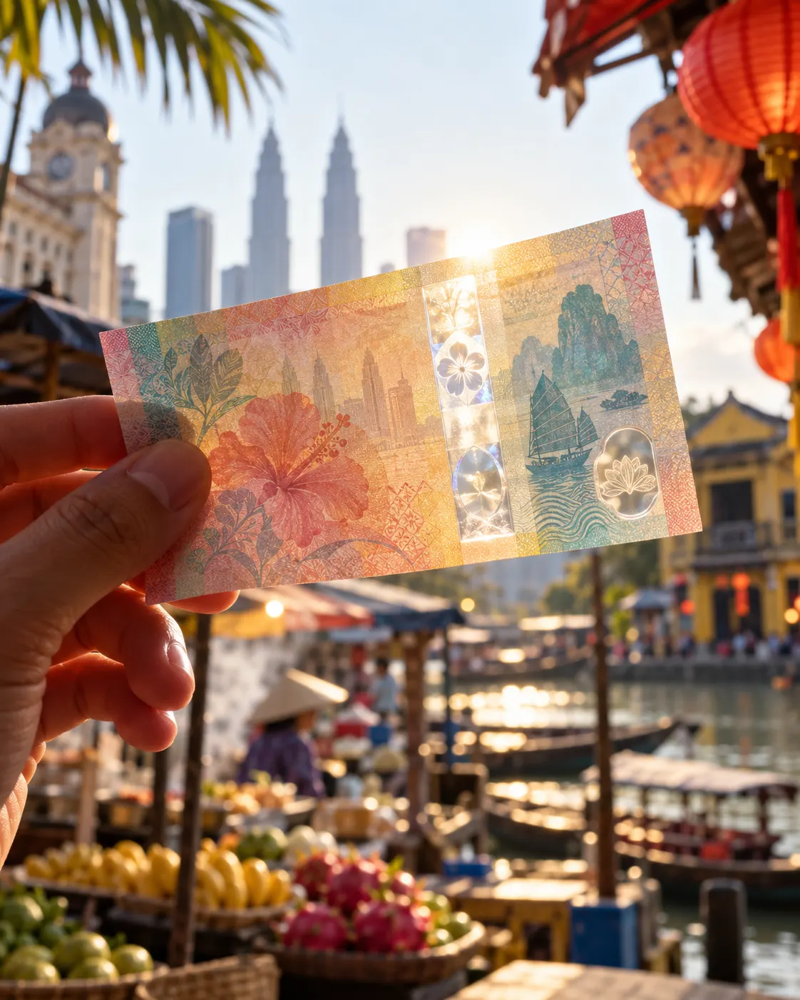 AI-generated symbolic illustration of a translucent polymer banknote in a Southeast Asian market setting. It is not an actual Malaysian or Vietnamese note. Generated with OpenAI image generation; no external source or reuse license applies.