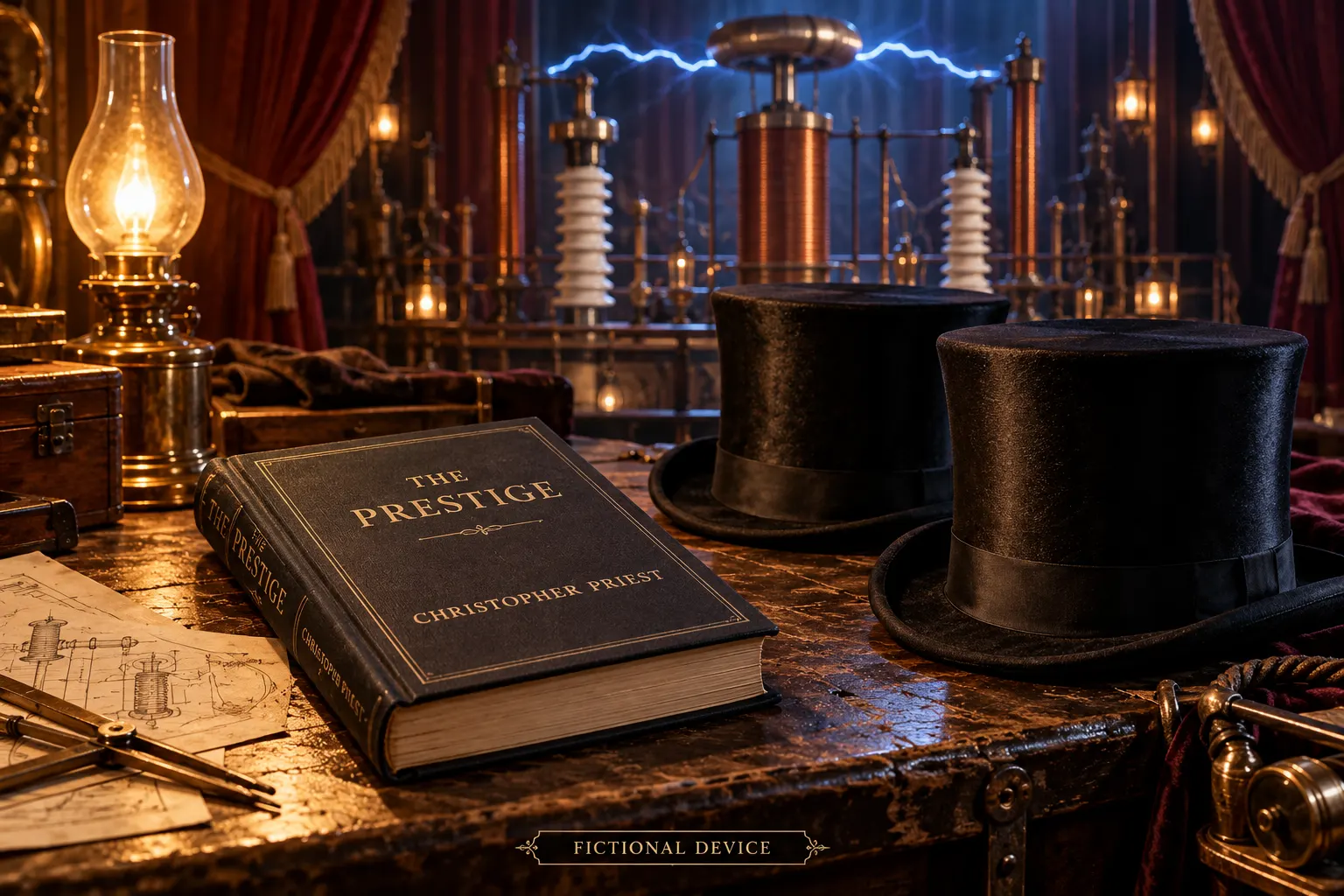 Титульна AI-згенерована ілюстрація / AI-generated cover illustration. Символічна композиція: роман «Престиж», два циліндри та вигаданий електричний сценічний пристрій; напис «FICTIONAL DEVICE» підкреслює художню вигадку.