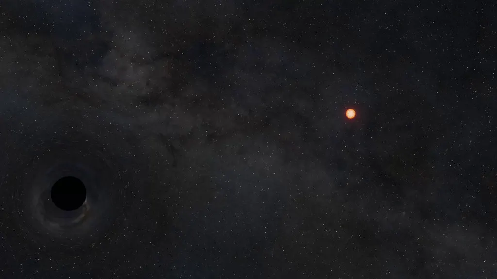 still frame from NASA Goddard Scientific Visualization Studio’s “Isolated Black Hole Visualization” (2024), showing a modeled star and black hole. The associated animation illustrates a star being shredded by tidal forces. Credit: NASA/JPL-Caltech/R. Hurt (IPAC). https://svs.gsfc.nasa.gov/14620/