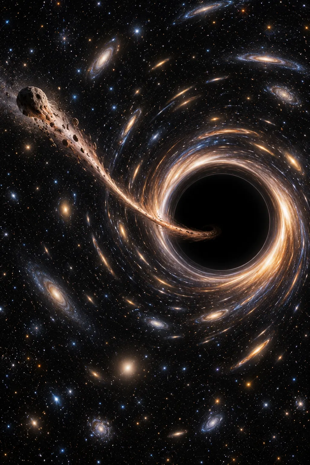 AI-generated conceptual illustration of tidal stretching near a black hole, not a physical image or scale model.