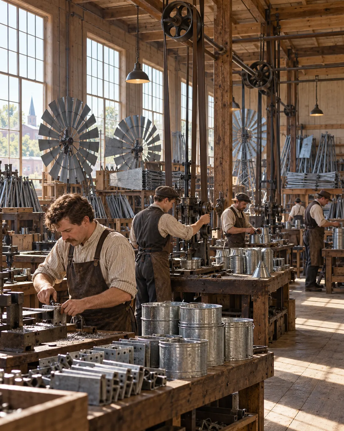 AI-generated historical reconstruction of workers and windmill components in a changing factory.