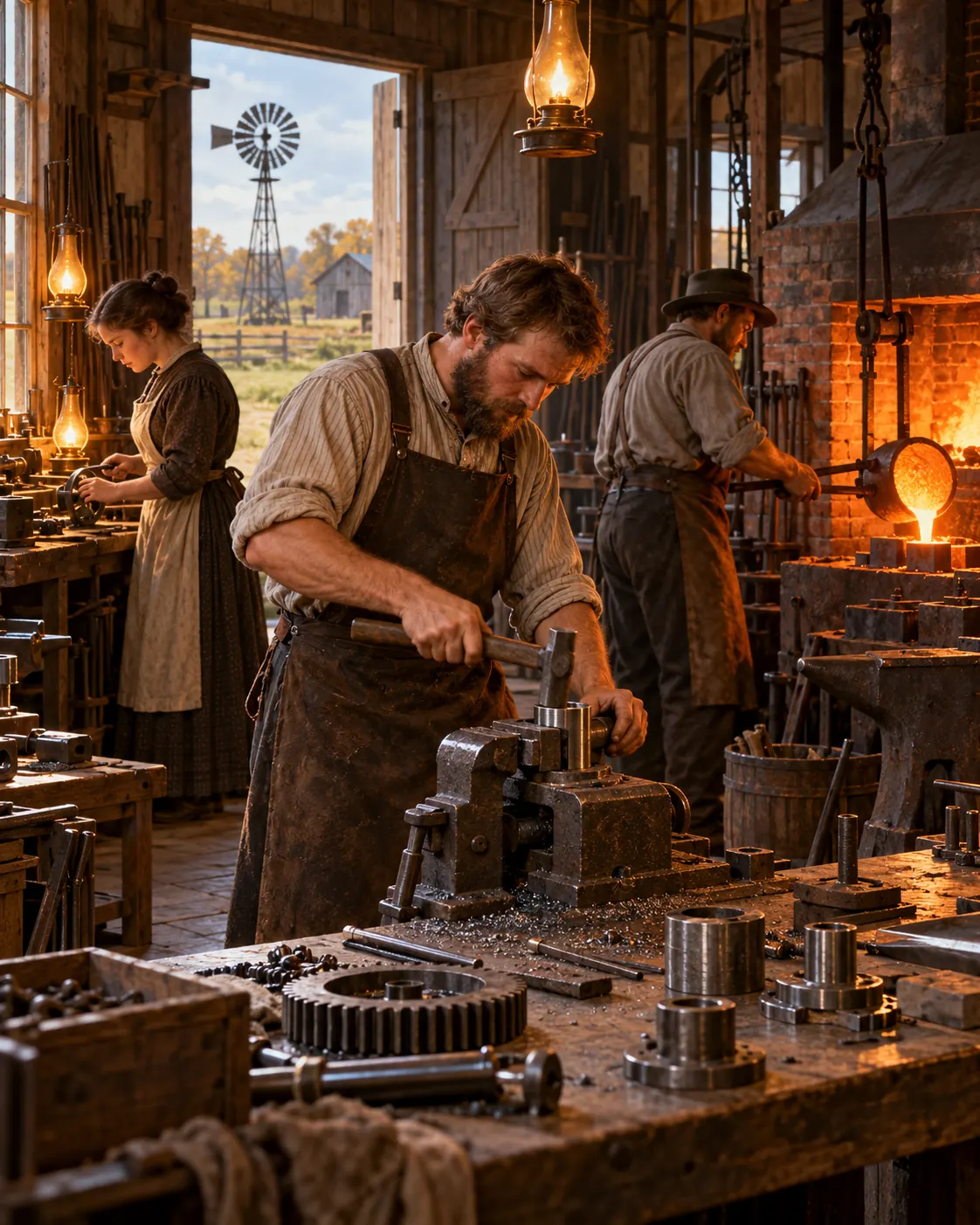AI-generated historical reconstruction of metalworking at a late-19th-century workshop with a windmill visible outside.