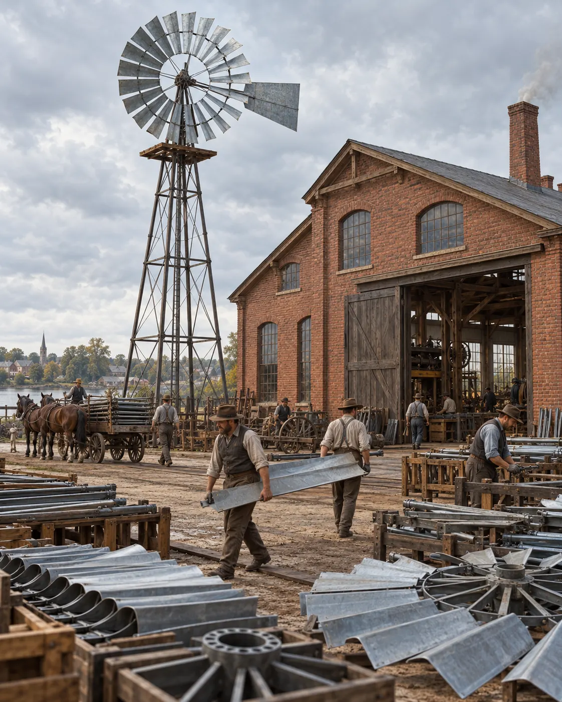 Титульна AI-згенерована ілюстрація / AI-generated cover illustration. Historical reconstruction of the windmill factory and its rural Michigan setting.