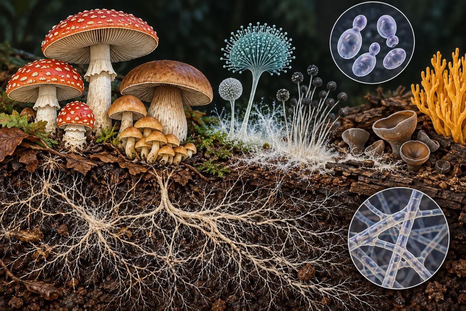 AI-generated conceptual illustration of mushrooms and fungal structures; not a photo or scientific micrograph.