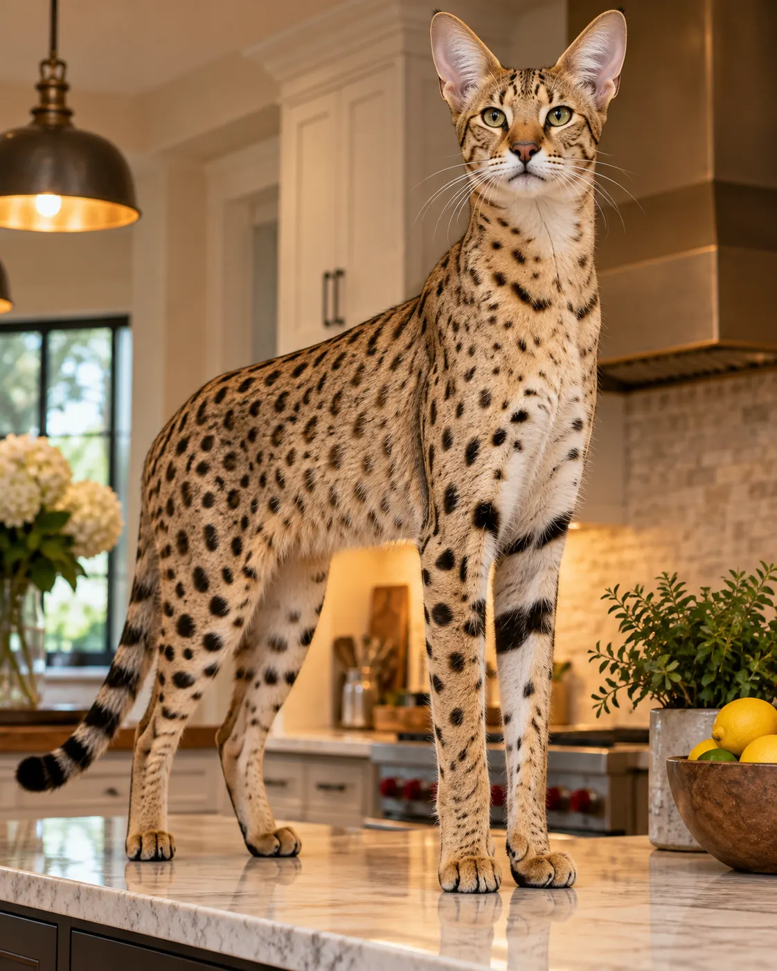AI-generated cover: a generic tall Savannah cat on a kitchen counter; this is not Arcturus or a record photograph. Prompt: “Photorealistic vertical 4:5 editorial cover featuring an exceptionally tall Savannah domestic cat standing naturally on a kitchen counter, viewed at cat height with warm home lighting. Elegant long-legged spotted coat, realistic proportions, no collar text or branding, no owner visible, no measuring tape or numerals. Generic illustrative cat, not a depiction of the named record holder Arcturus. No text, no logos.” Generated 20 October 2026.