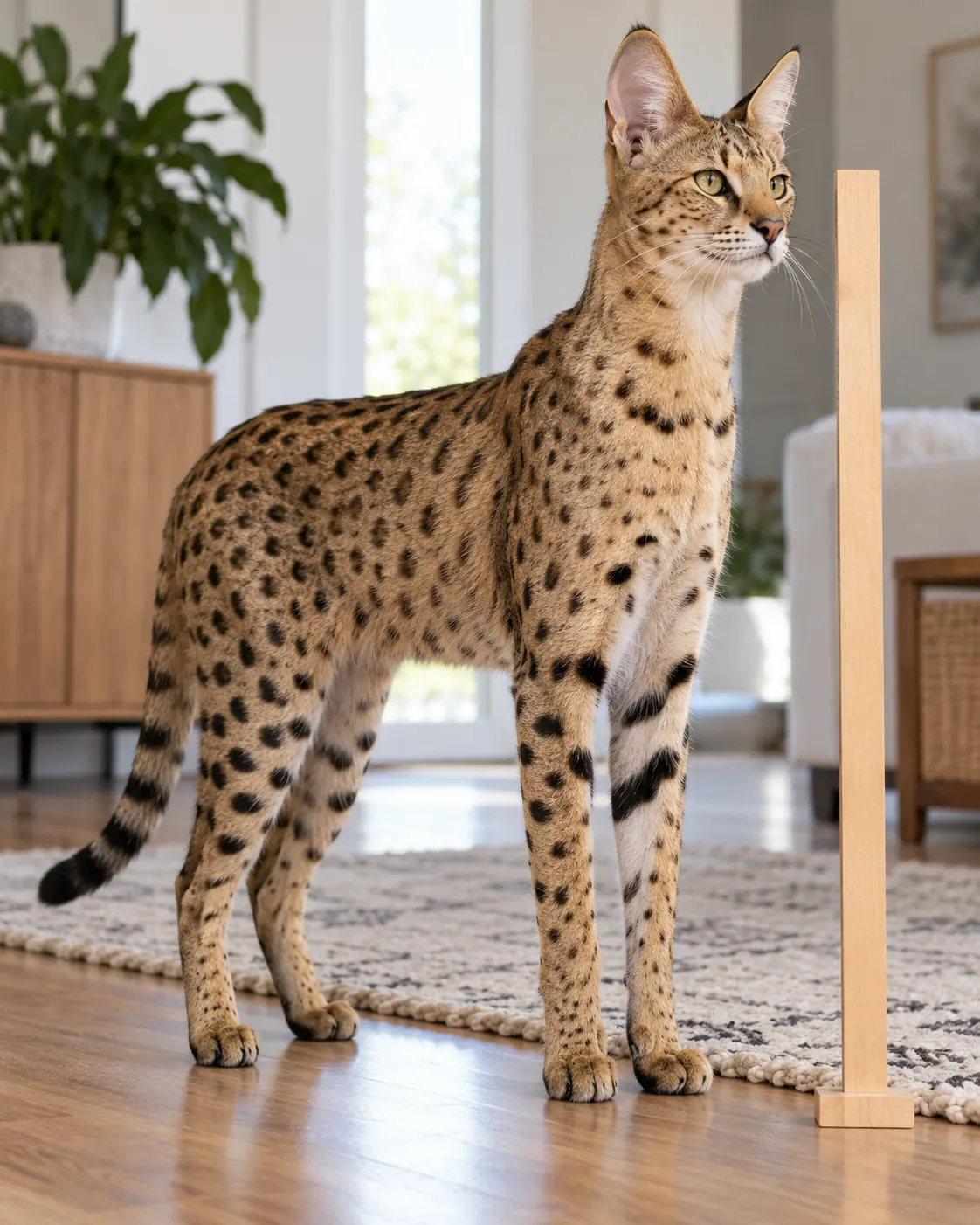 AI-generated generic Savannah cat beside an unmarked measuring stick to illustrate height measurement; not Arcturus or Guinness verification imagery. Prompt: “Photorealistic vertical 4:5 editorial scene of a generic tall Savannah cat standing calmly beside a plain wooden measuring stick in a bright home, the scale turned away so there are no visible numbers. Focus on the cat's shoulder height and long legs; no people, no record claim, no text, logos or signs. Illustrative context only, not Arcturus.” Generated 20 October 2026.