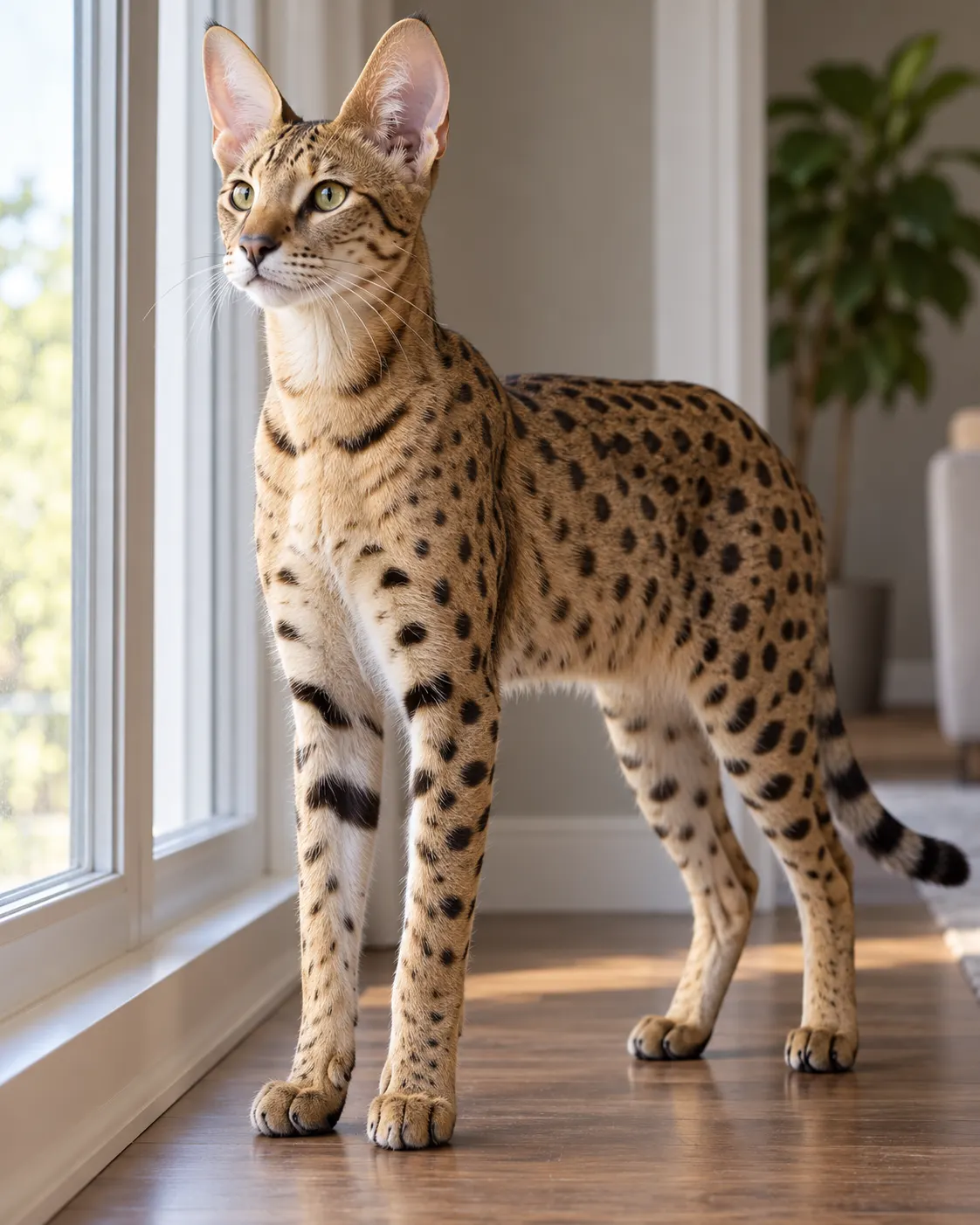 AI-generated generic portrait illustrating Savannah cat features; not Arcturus. Prompt: “Photorealistic vertical 4:5 editorial portrait of a generic Savannah cat, showing its spotted coat, long legs and large upright ears as breed characteristics. Calmly standing beside a window in a home, natural proportions and soft daylight. Not the named cat Arcturus and no claim of a record. No numbers, text, logos, owner or props.” Generated 20 October 2026.