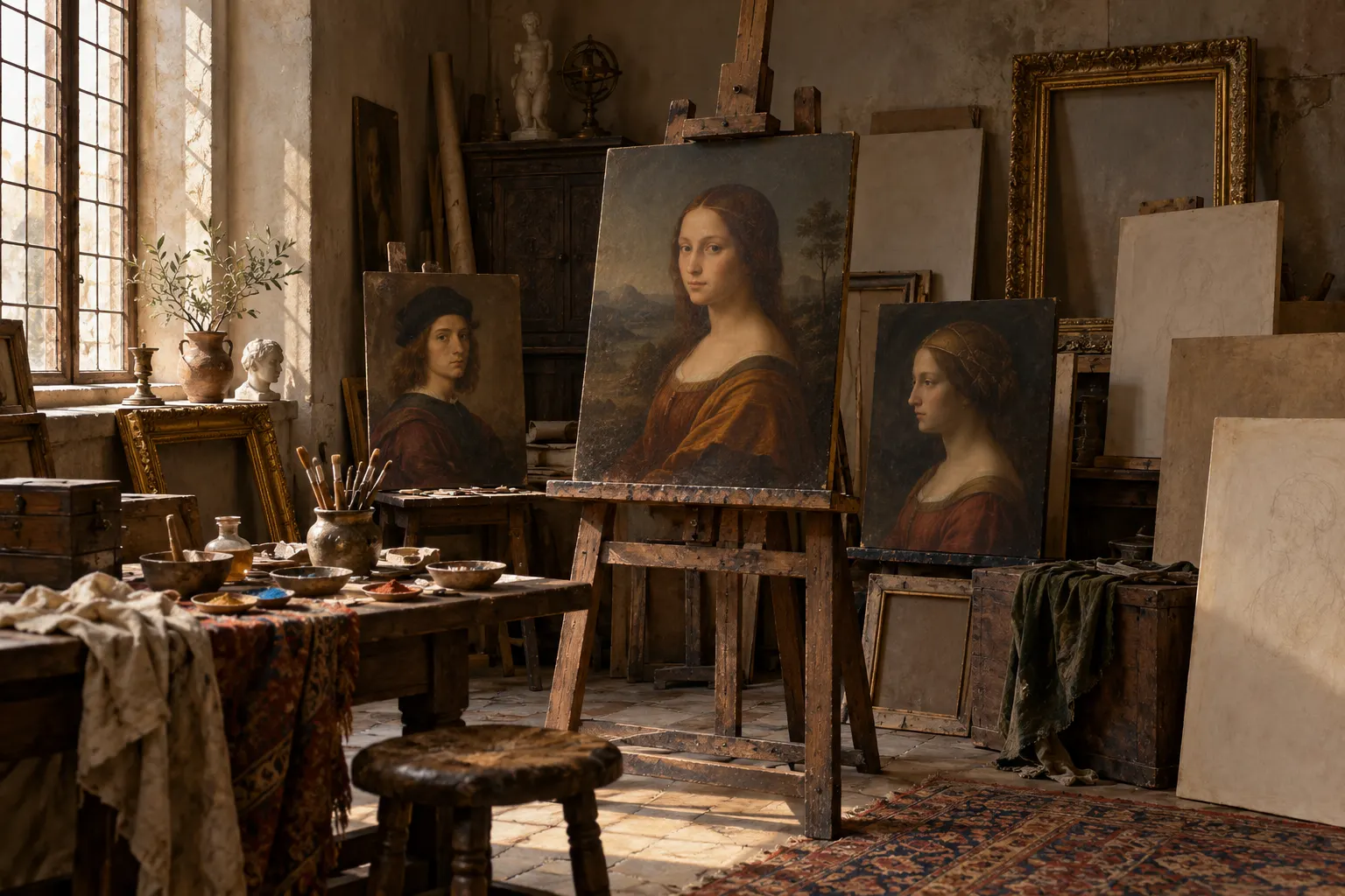 AI-generated editorial reconstruction of a Renaissance studio with several paintings and empty panels; does not depict specific Leonardo works.