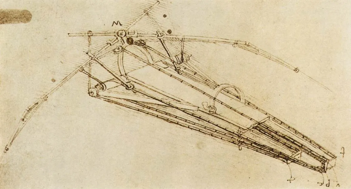 Leonardo flying-machine drawing, c. 1485, Bibliothèque de l'Institut de France; Public Domain Mark 1.0. Source: https://commons.wikimedia.org/wiki/File:Leonardo_da_vinci,_Drawing_of_a_flying_machine.jpg. Reused from fact 348 cache.