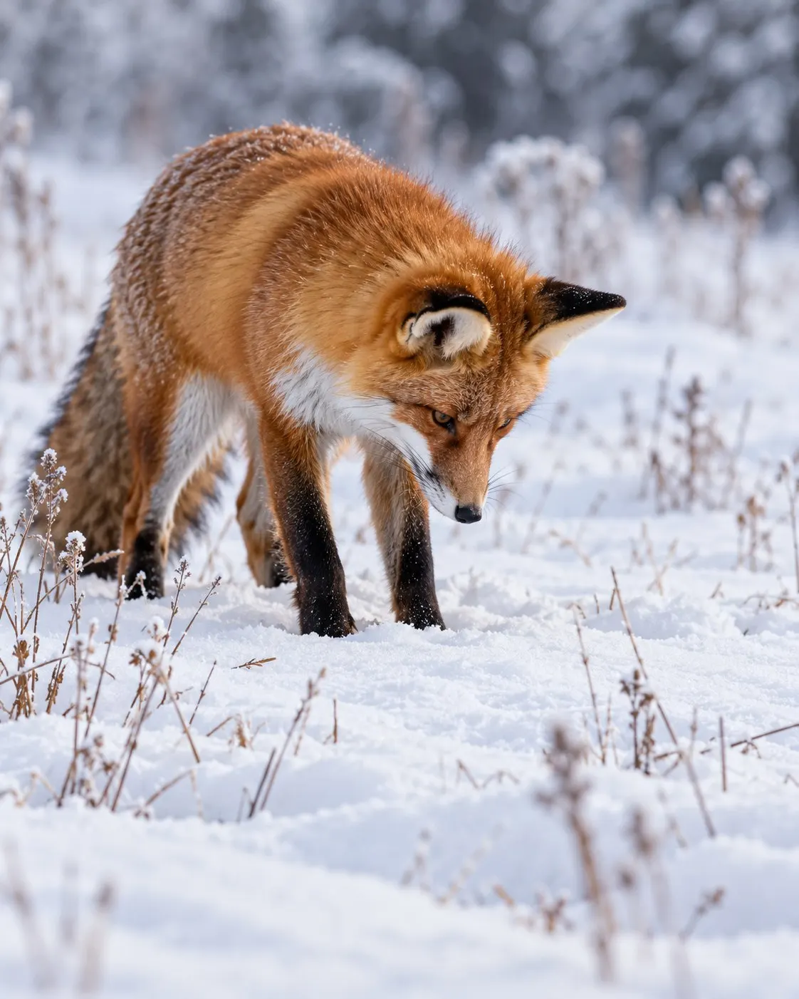 Титульна AI-згенерована ілюстрація / AI-generated cover illustration. Red fox alert in a snowy field, looking toward a possible sound beneath snow.