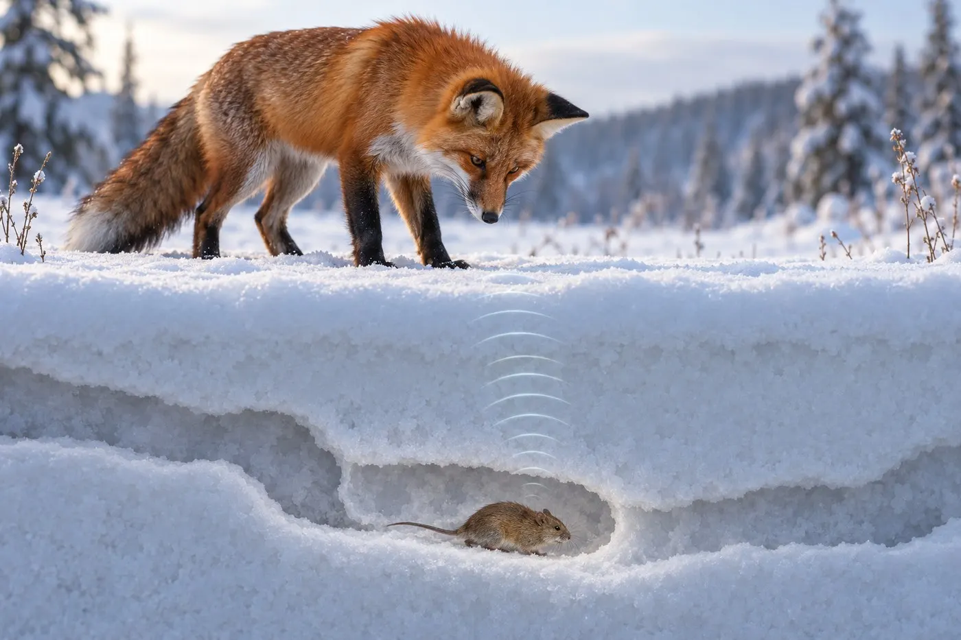 AI-generated educational cross-section of a fox above snow and a rodent moving below, with conceptual sound cues.
