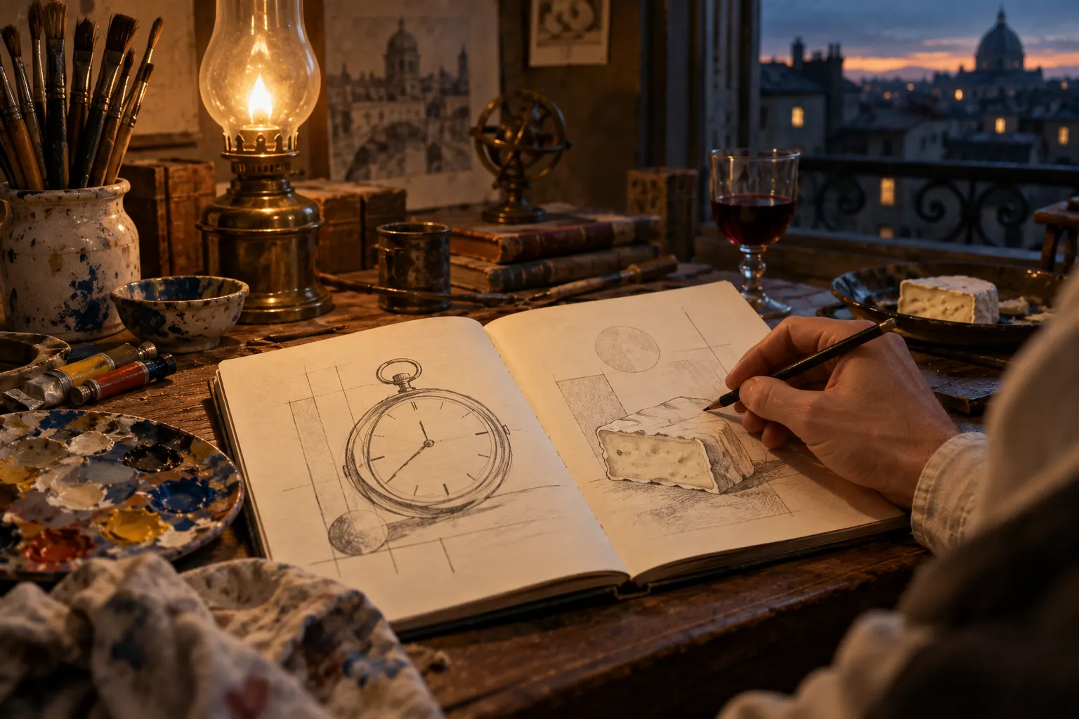 AI imagined sketchbook with cheese and a watch, not a historical document. OpenAI image generation, 2026-10-28. Prompt: “Photorealistic conceptual editorial illustration about an artist rethinking time: a hand sketching a simple, abstract pocket watch and a soft cheese wedge in an open notebook, studio desk with gouache and brushes, late evening light, early twentieth-century atmosphere, original image, no resemblance to Dalí's painting, no actual distorted clock, no text, no recognizable artist.”