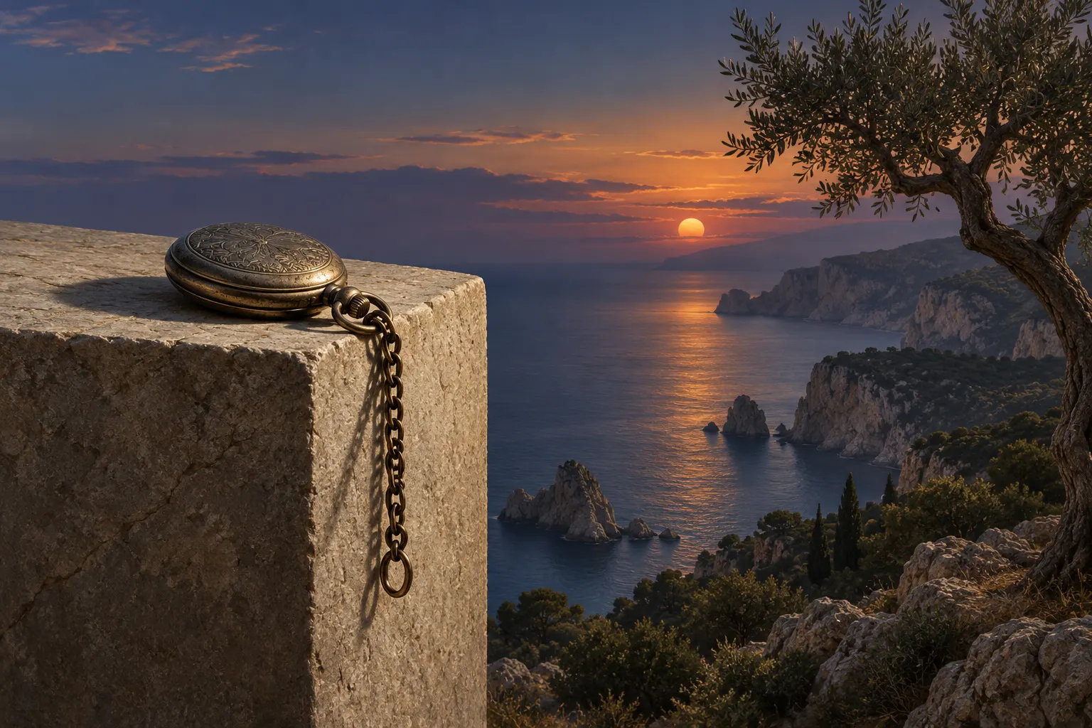 AI conceptual coastal landscape and pocket watch; it does not reproduce the painting. OpenAI image generation, 2026-10-28. Prompt: “Conceptual surrealist editorial illustration: a closed vintage pocket watch draped over the edge of a plain stone plinth in a sparse coastal landscape with distant Catalonian cliffs and olive tree, atmospheric twilight, dreamlike but original composition, do not imitate or reproduce Salvador Dalí's The Persistence of Memory, no melting clocks, no text, no signature, not documentary.”