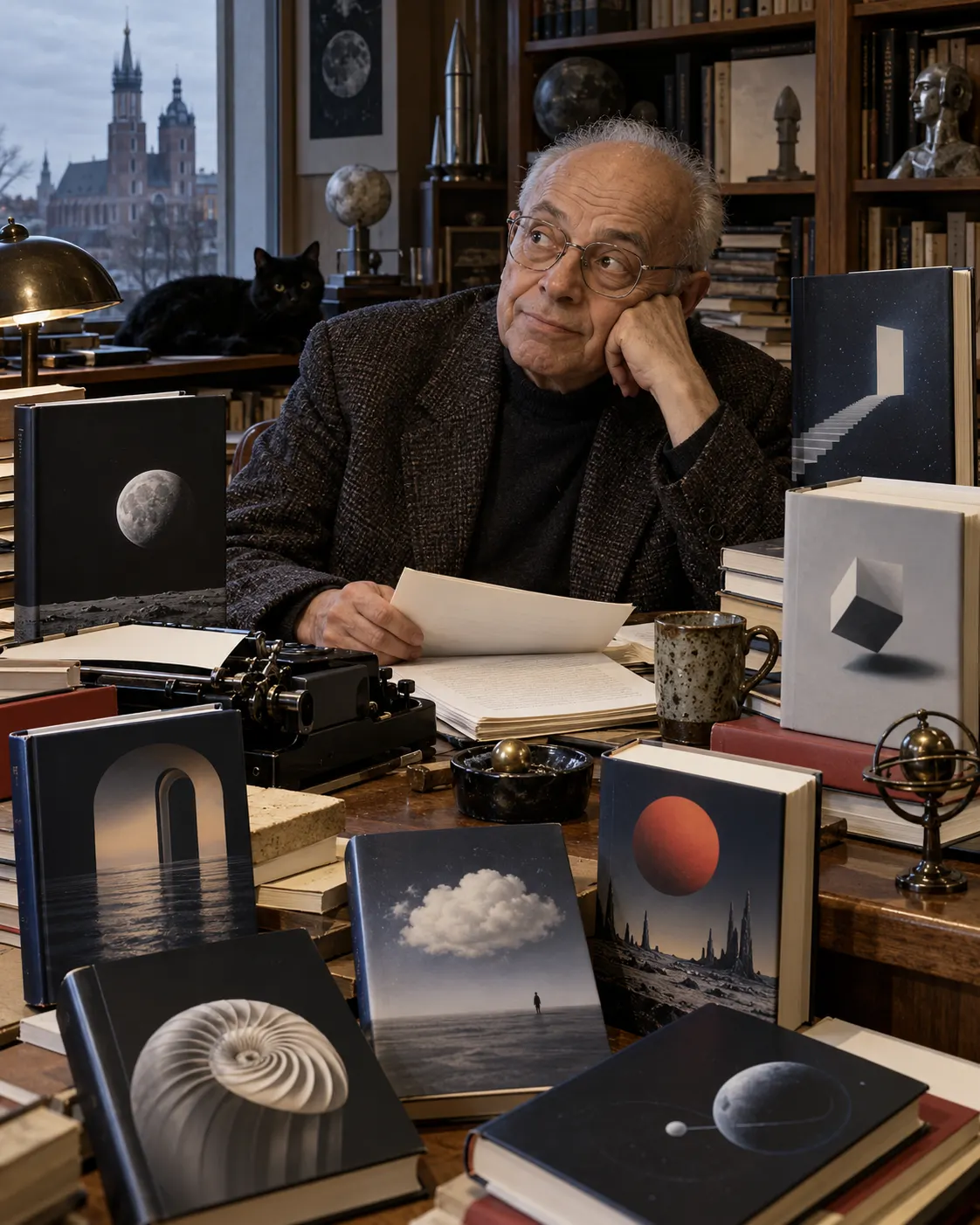 Титульна AI-згенерована ілюстрація / AI-generated cover illustration. A writer surrounded by blank and surreal books evokes *A Perfect Vacuum* and its reviews of imaginary works; editorial reconstruction, not an authentic portrait or study.