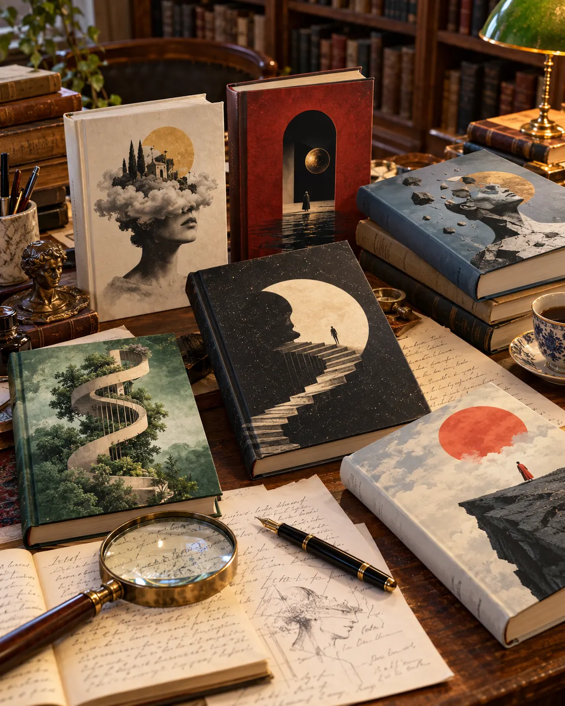 AI-generated editorial still life of several imaginary books with distinct surreal cover art and review notes; no real titles are shown.