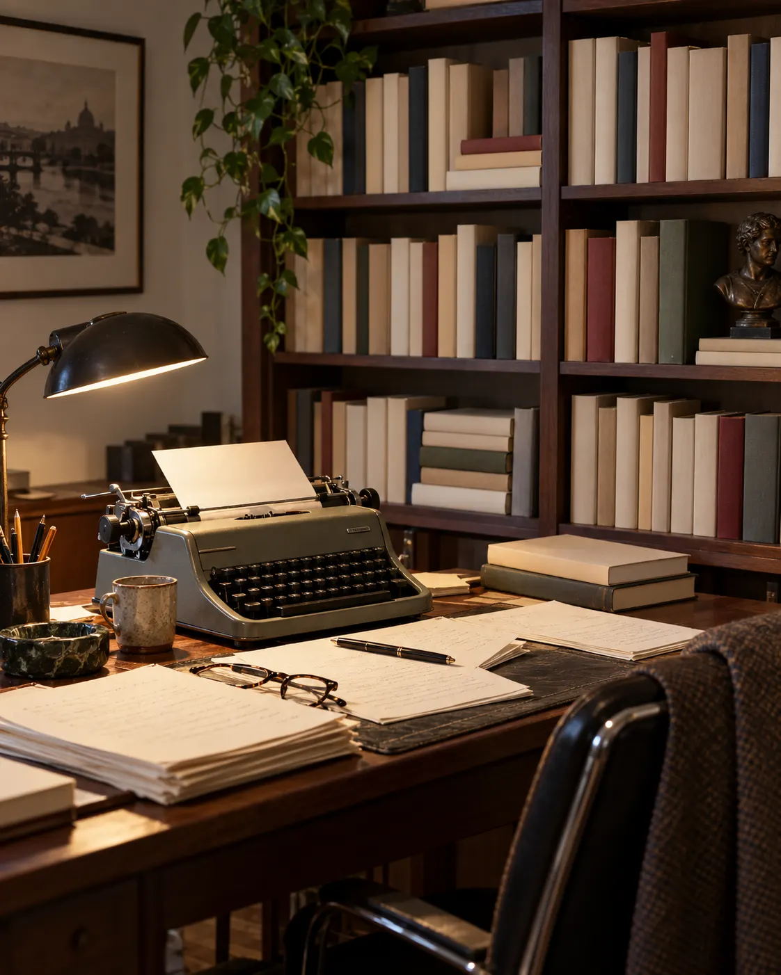 AI-generated reconstruction of a literary critic’s typewriter desk and blank-spined shelf, representing reviews of nonexistent works.
