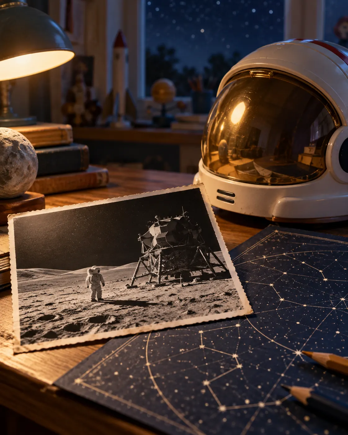 AI-generated symbolic still-life connecting space exploration and a fictional character name; the astronaut is anonymous and no branded toy is shown.