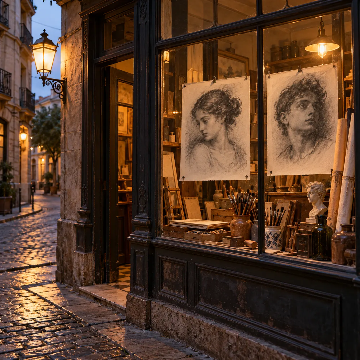 original AI-generated illustration of generic portrait studies in a period art-shop window. The drawings are not Picasso’s works and do not represent the actual La Coruña shop.