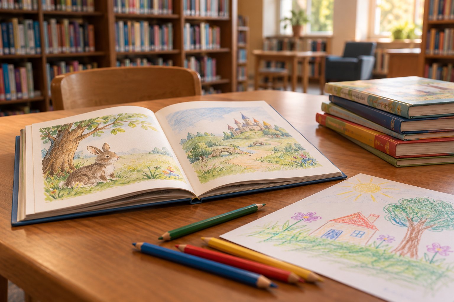 child’s illustrated book on a library table.