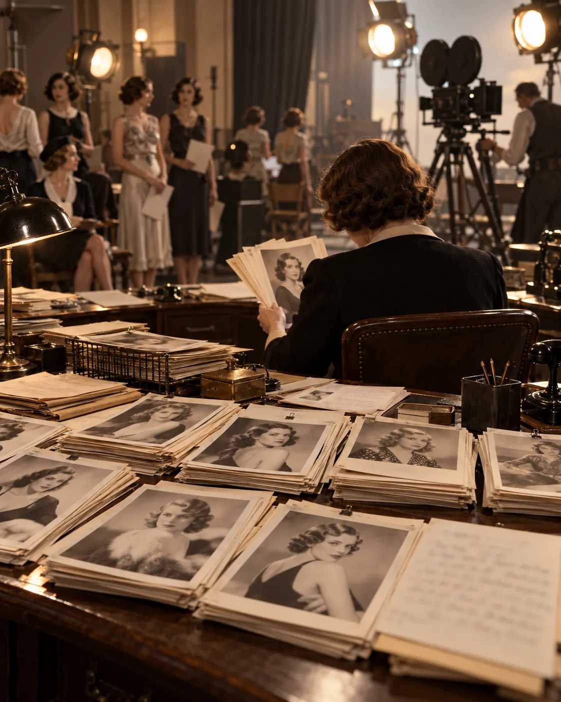 AI-generated symbolic casting-office scene with anonymous portrait photographs; it does not depict the actual candidates or a specific studio record.