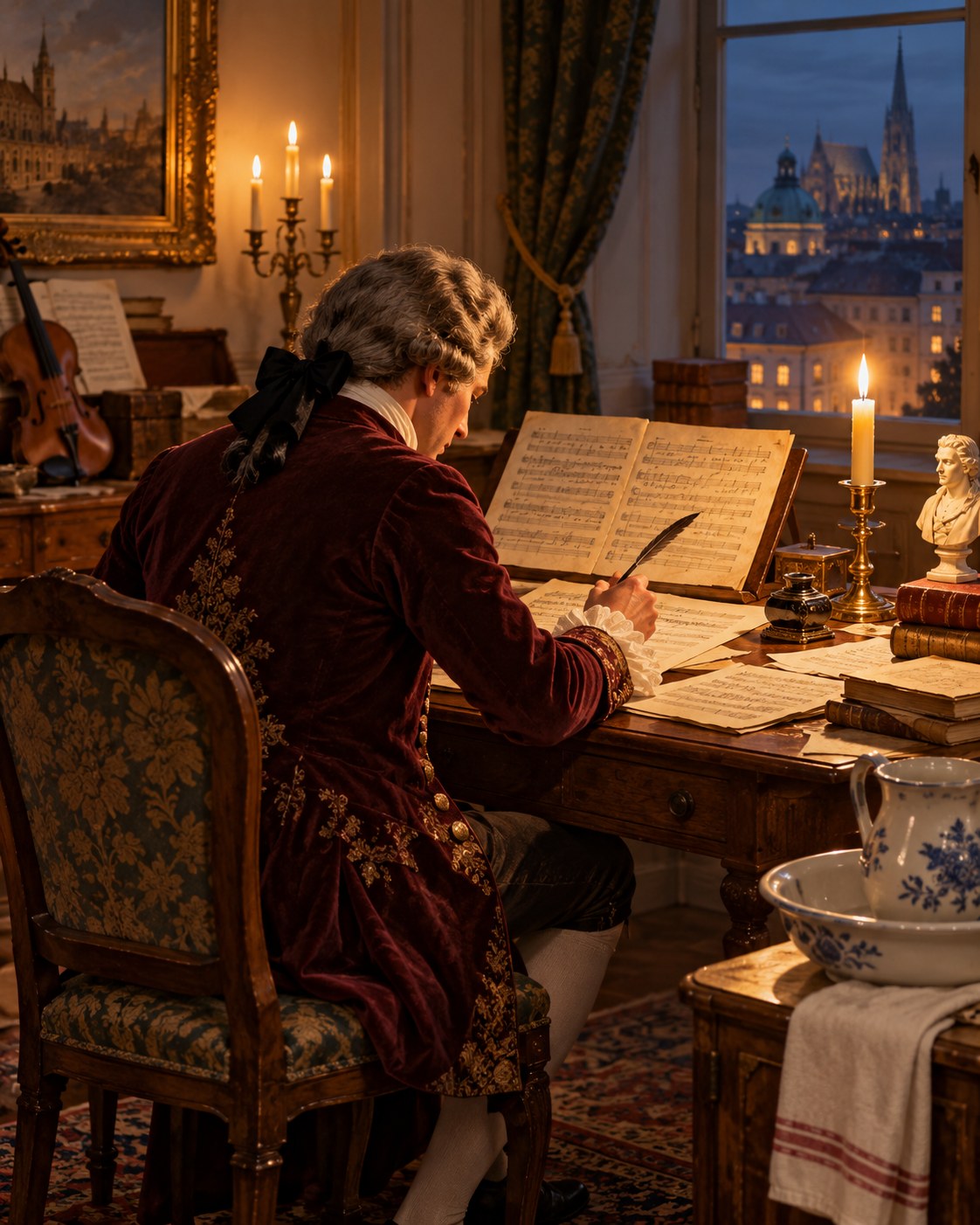 AI-generated conceptual late-18th-century composing room; not a historical image or portrait.