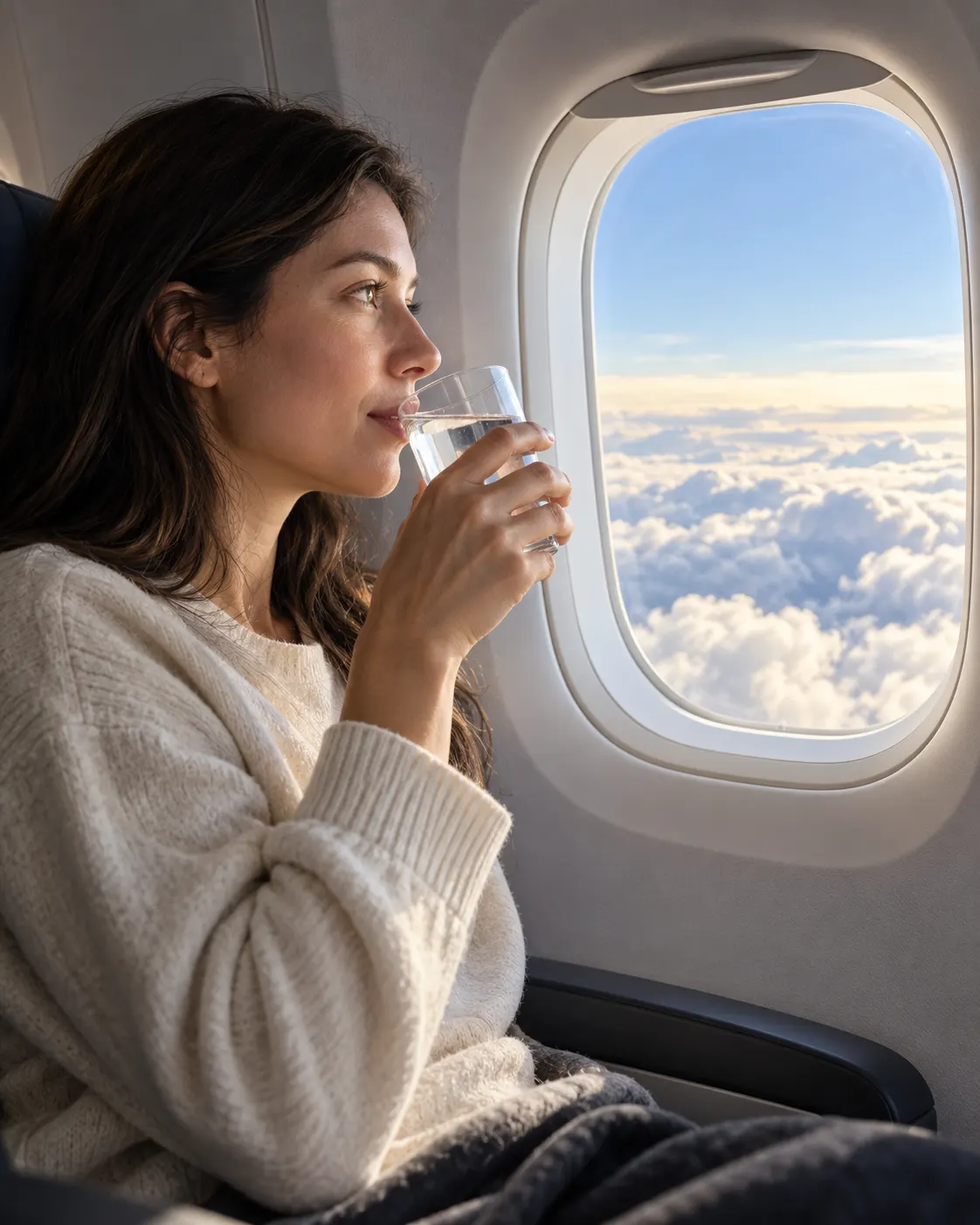 AI-generated illustrative cover, created 2026-10-25. Prompt: “Realistic editorial photograph, vertical 4:5, airplane cabin window with a passenger sipping water and looking out at clouds, calm light, no airline logos, no text. Illustrative cover about low cabin humidity.”