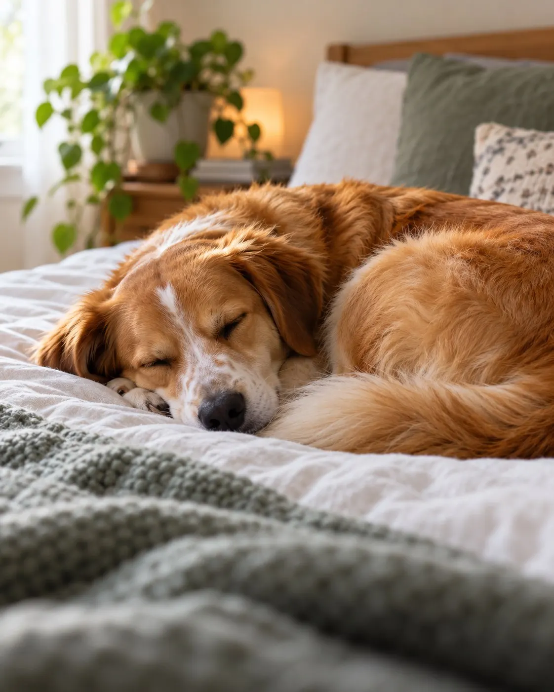 Титульна AI-згенерована ілюстрація / AI-generated cover illustration. Family dog sleeping peacefully at home.