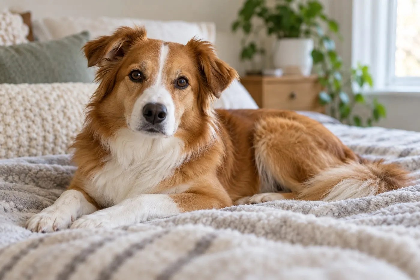 AI-generated scene of a dog resting on its bed while alert and clearly awake.