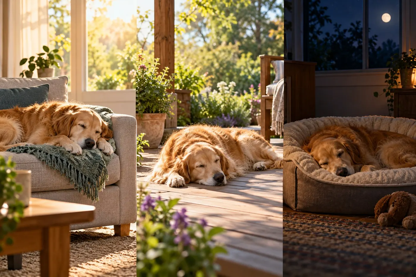 AI-generated composite showing one dog sleeping in multiple resting places across daylight and nighttime.