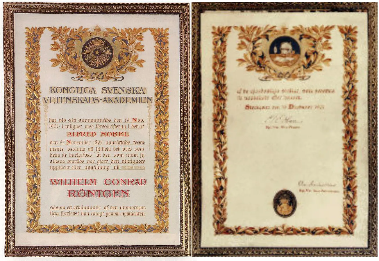 Nobel diploma awarded to Wilhelm Conrad Röntgen in 1901, the first Physics laureate. Source: [Wikimedia Commons file page](https://commons.wikimedia.org/wiki/File:Nobel_Prize_diplom_Wilhelm_Conrad_R%C3%B6ntgen.jpg), sourced there to the University of Würzburg. The two-dimensional public-domain diploma reproduction is marked public domain; original file, no edits; checked 18 October 2026.