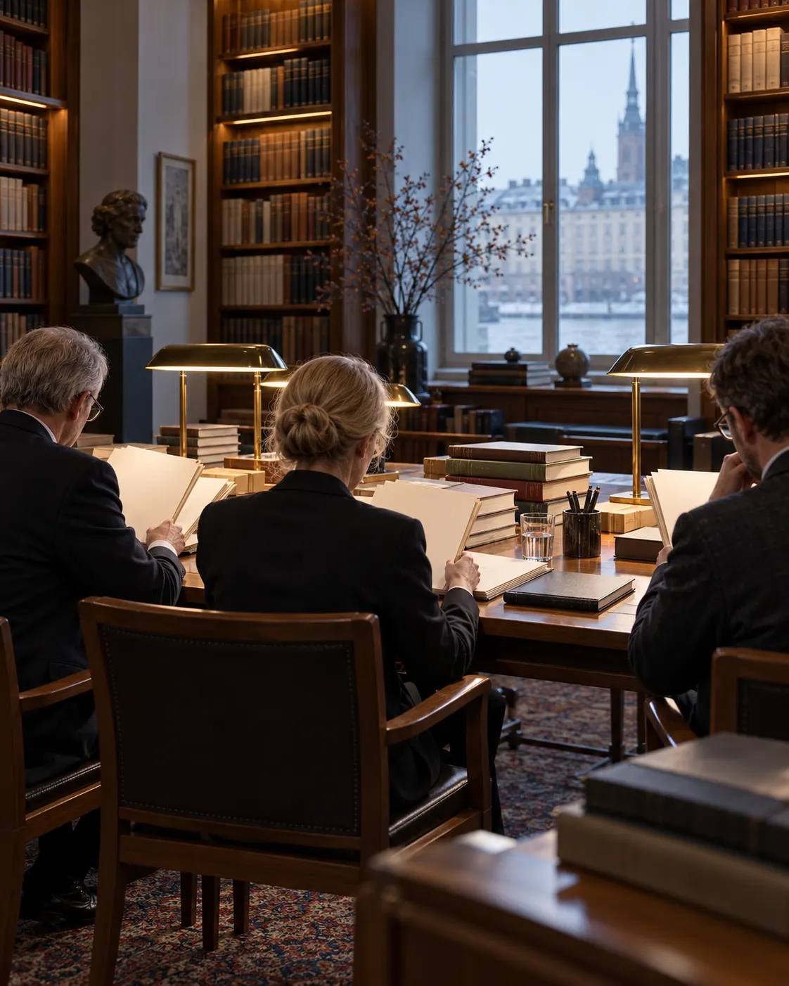 AI-generated cover: a fictional committee reviewing blank folders in a scholarly library; illustrative, not a depiction of Nobel committee members or real records. Prompt: “Photorealistic vertical 4:5 editorial cover about how Nobel Committees review eligible nominations and evaluate candidates. Show a quiet committee worktable in a Swedish institution library, three anonymous committee members seen from behind examining blank folders, scholarly books, balanced thoughtful atmosphere. Entirely generic fictional scene, not actual committee members or records; no real people, no seals, no Nobel logos, no readable text, no flags, no medals.” Generated 19 October 2026.