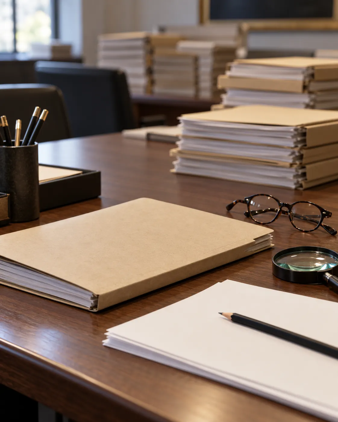 AI-generated editorial still life of blank archival files and review tools, symbolizing confidential nominations; no real nomination material is shown. Prompt: “Photorealistic vertical 4:5 editorial still life for a story about confidential award nominations: a closed plain archival folder, blank paper sheets, pencil, reading glasses and magnifying glass on a committee desk, with stacks of anonymous files softly out of focus. No readable writing, no names, no seals, no logos, no real nomination records. Calm neutral institutional light.” Generated 19 October 2026.