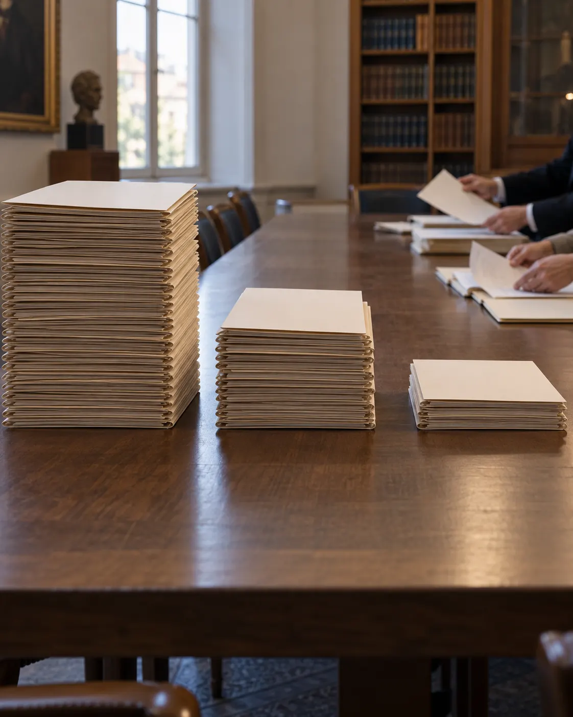 AI-generated editorial scene of blank folders arranged in diminishing stacks to illustrate candidate-list review and narrowing; no actual Nobel records are shown. Prompt: “Photorealistic vertical 4:5 editorial still life showing a review process narrowing down: three neat groups of blank folders arranged from a large stack to a small selected stack across a long table, with a few anonymous hands reviewing papers at the far end. Symbolic visual only, no actual Nobel records, no readable text, names, seals, logos or medals. Neutral academic room, documentary editorial photography style.” Generated 19 October 2026.